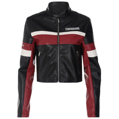 Contrast Pu Leather Cropped Moto Jacket - fairypeony