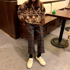 90s Kids Pants in Plaid Check, , women clothing, 90s-kids-pants-in-plaid-check, coffee, L, M, S, fairypeony