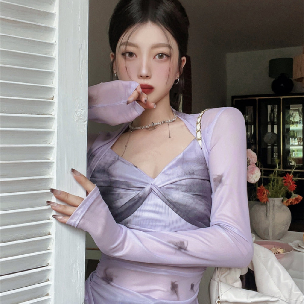 Lavender Contrasting Mesh Long Sleeve Top - fairypeony