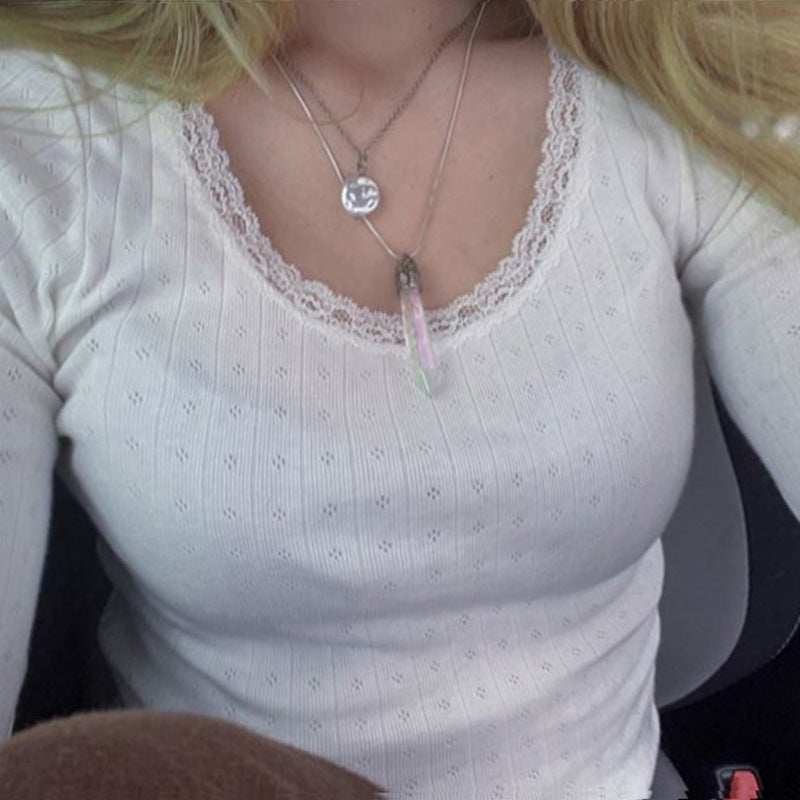 Lace Trim White Knit Top - fairypeony