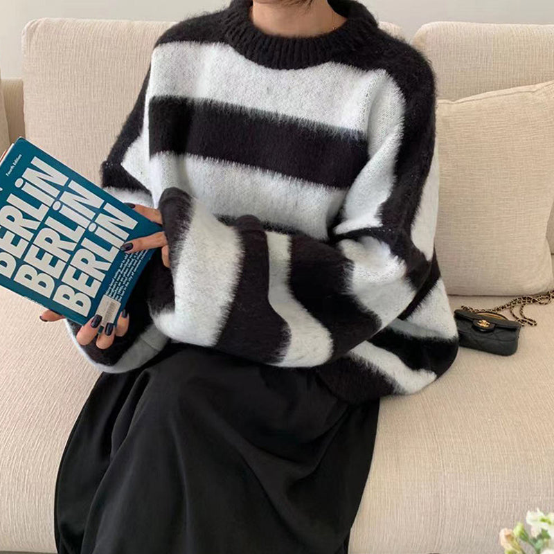 Crew Neck Pullover Striped Knit Sweater, , women clothing, crew-neck-pullover-striped-knit-sweater, , fairypeony