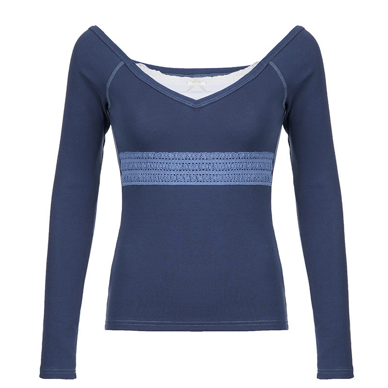 Patchwork Lace Trim Long Sleeve Top - fairypeony