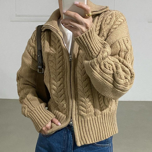 Aesthetic Cable Knit Zip Up Cardigan - fairypeony