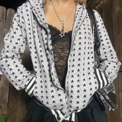 Allover Star Print Zip Up Downtown Hoodie - fairypeony