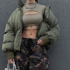 Army Green Zip Up Puffer Jacket - fairypeony