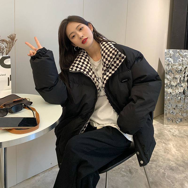 Checkered Collar Zip Up Padded Jacket, , women clothing, checkered-collar-zip-up-padded-jacket, , fairypeony