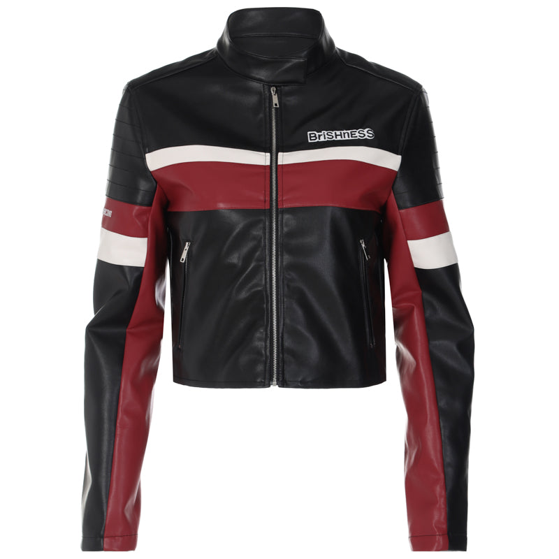 Contrast Pu Leather Cropped Moto Jacket - fairypeony