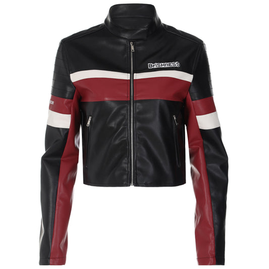 Contrast Pu Leather Cropped Moto Jacket - fairypeony