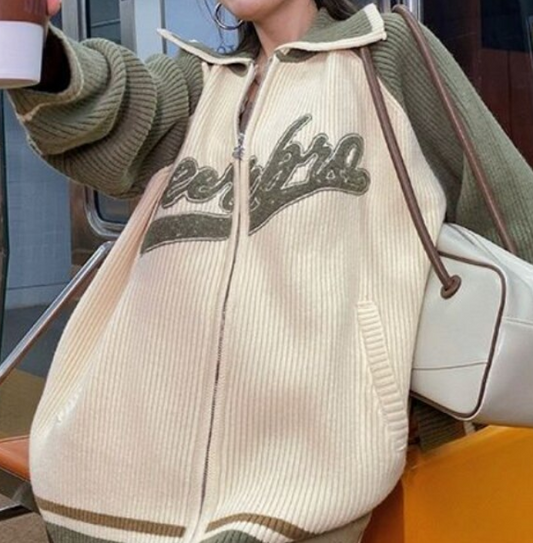 Emboidery Logo Zip Up Knit Cardigan, , women clothing, emboidery-logo-zip-up-knit-cardigan, , fairypeony