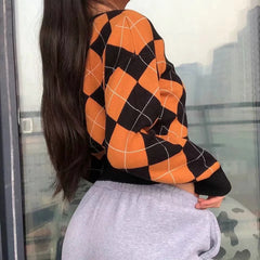 Plaid Preppy Argyle Cardigan, , women clothing, plaid-preppy-argyle-cardigan, grey, orange, fairypeony