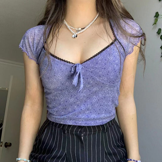 Lace Trim Floral Fairy Crop Top - fairypeony