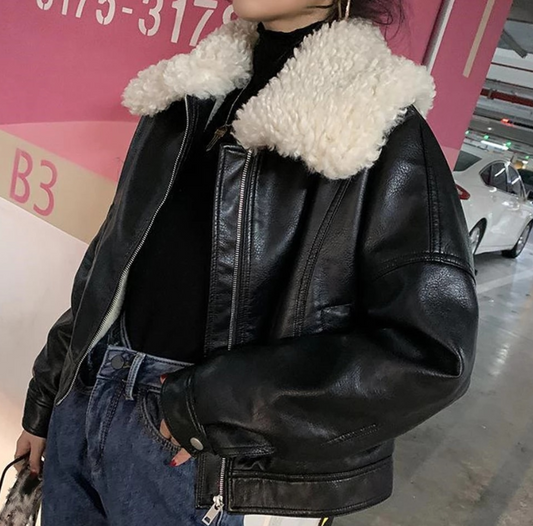 Lamb Wool Collar Pu Leather Jacket, , women clothing, lamb-wool-collar-pu-leather-jacket, , fairypeony