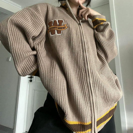 Logo Embroidery Zip Up Knit Cardigan, , women clothing, logo-embroidery-zip-up-knit-cardigan, , fairypeony