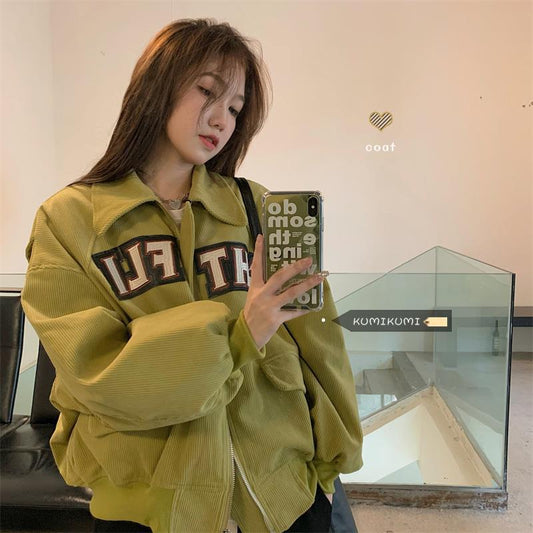 Logo Graphic Zip Up Corduroy Jacket, , women clothing, logo-graphic-zip-up-corduroy-jacket, , fairypeony
