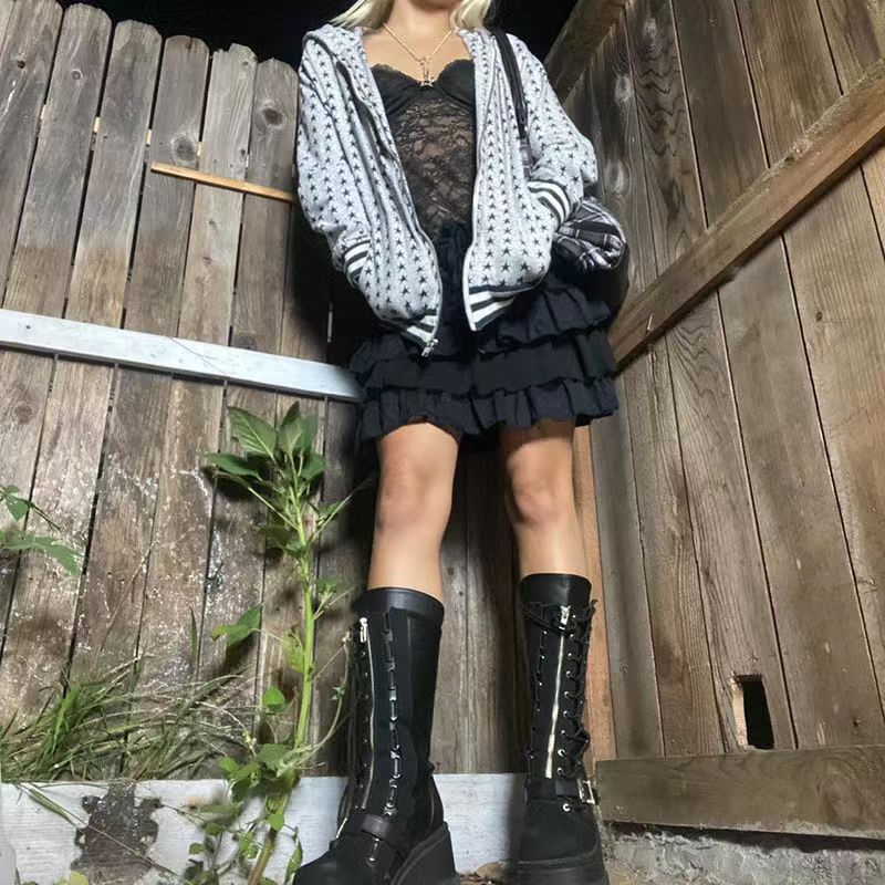 Allover Star Print Zip Up Downtown Hoodie - fairypeony