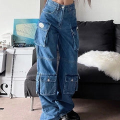 Pocket Patchwork Baggy Cargo Jeans - fairypeony