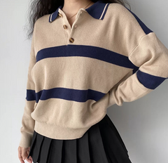 Polo Neck Button Striped Sweater, , women clothing, polo-neck-button-striped-sweater, , fairypeony
