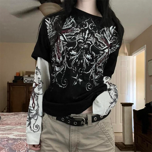 Punk Patchwork Long Sleeve Graphic Tee - fairypeony