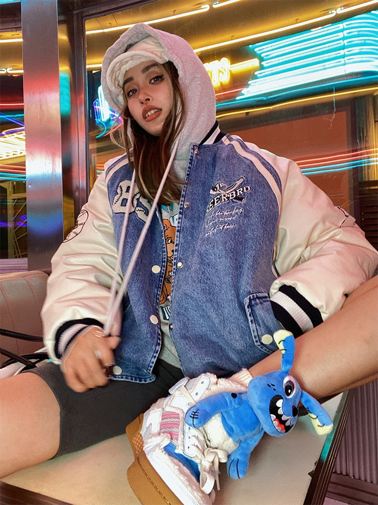 Toweling Embroidered Baggy Denim Varsity Jacket, , , toweling-embroidered-baggy-denim-varsity-jacket, , fairypeony