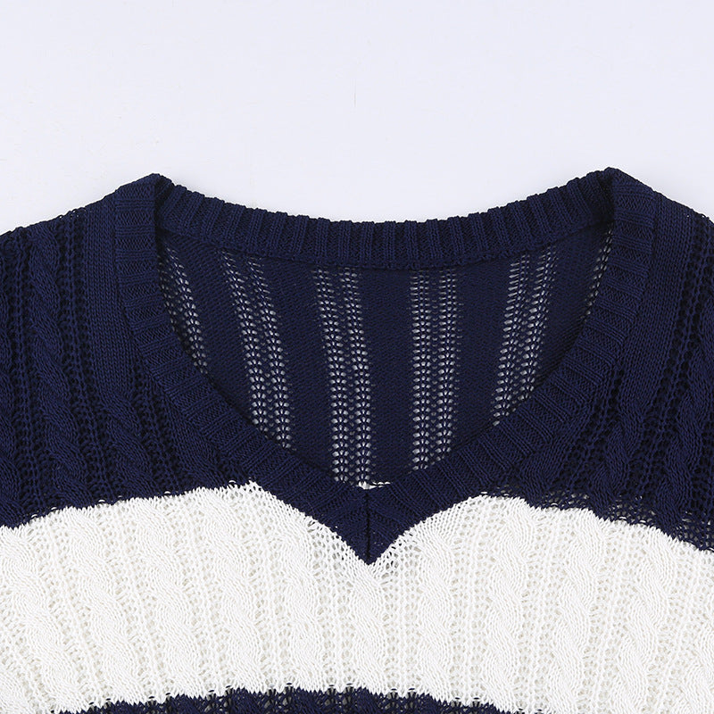 V Neck Striped Cable Knit Downtown 90s Top - fairypeony