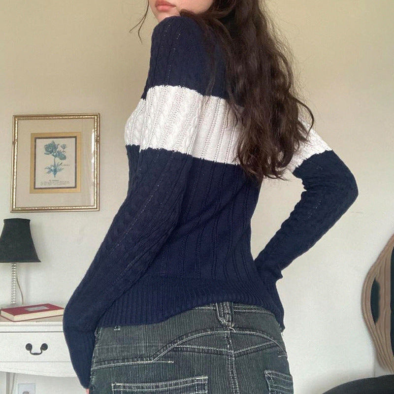 V Neck Striped Cable Knit Downtown 90s Top - fairypeony