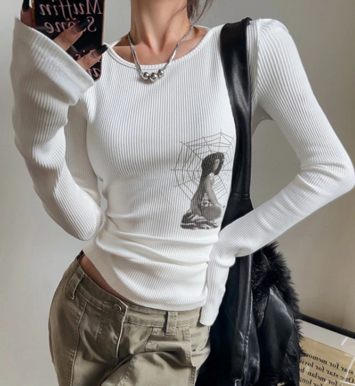 Grunge Print Graphic Long Sleeve Top - fairypeony