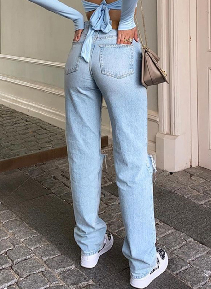 Blue Wash Straight Leg Knee Ripped Jeans - fairypeony