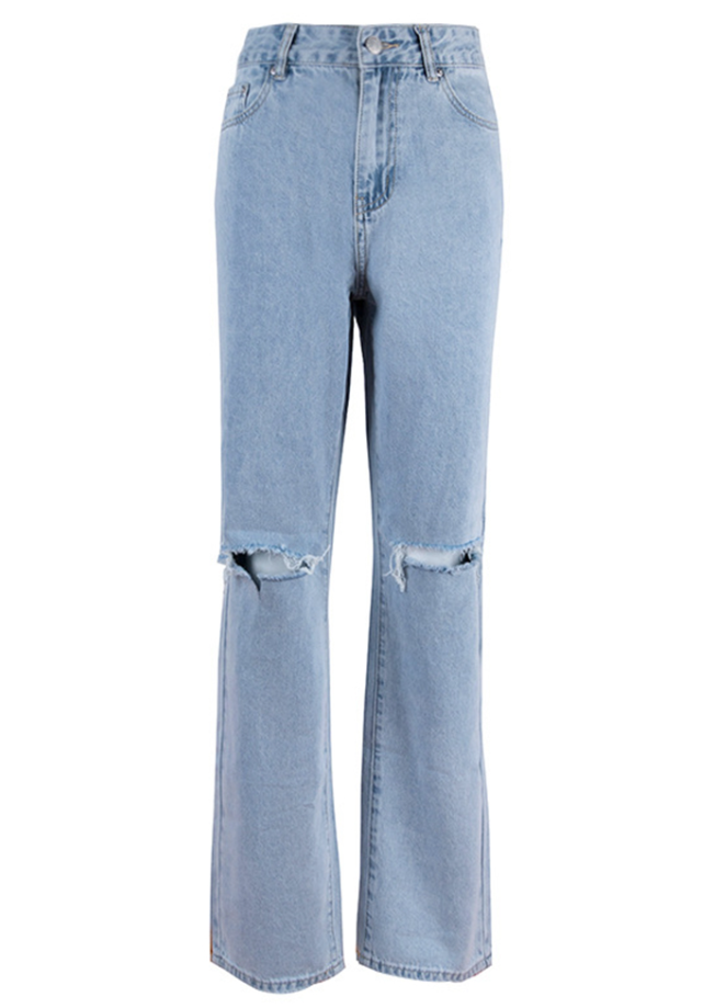 Blue Wash Straight Leg Knee Ripped Jeans - fairypeony