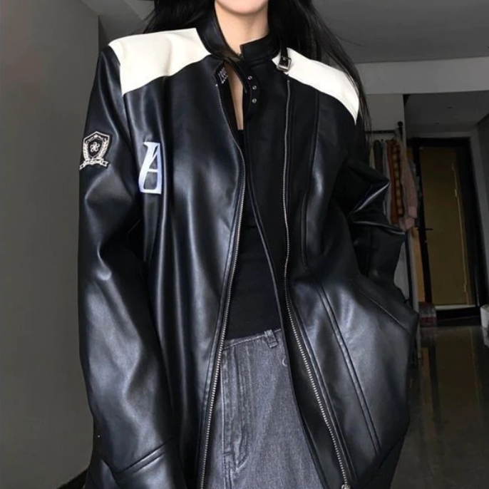 Patchwork Pu Leather Zip Up Jacket - fairypeony