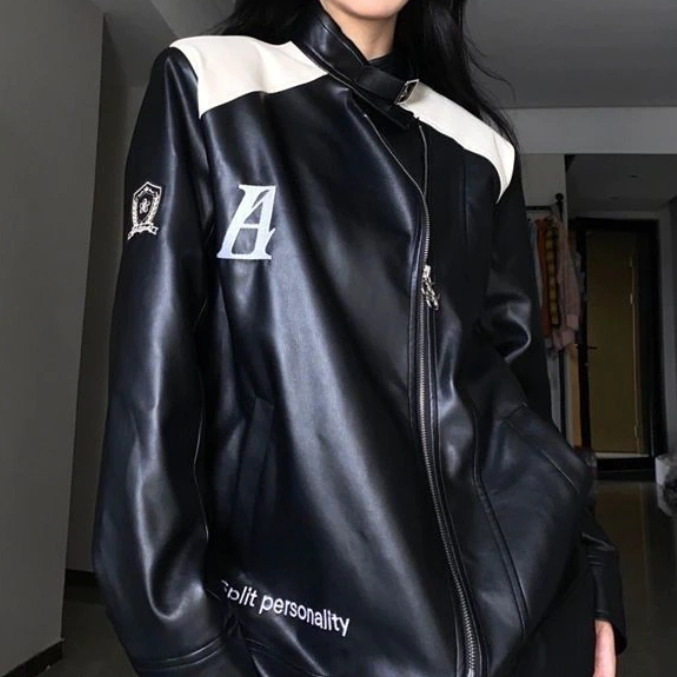 Patchwork Pu Leather Zip Up Jacket - fairypeony