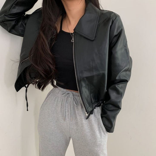 Short Zipper Pu Leather Jacket, , women clothing, short-zipper-pu-leather-jacket, , fairypeony