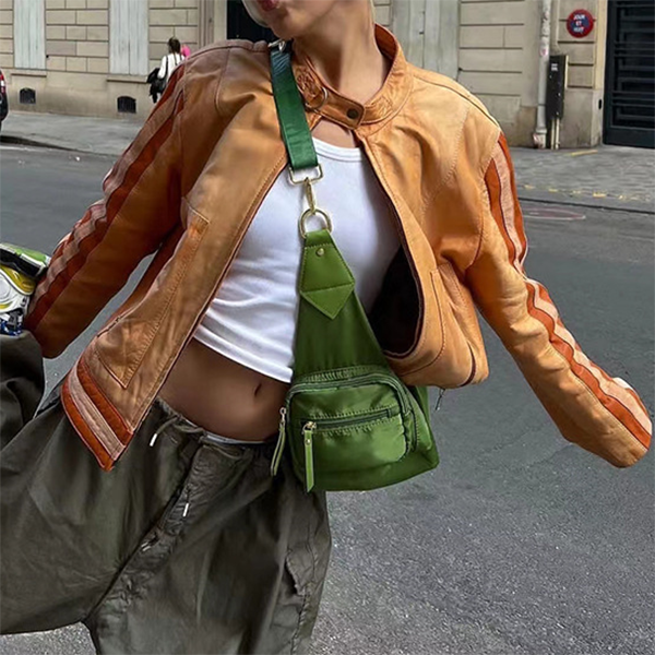 Side Stripe Pu Leather Biker Jacket - fairypeony