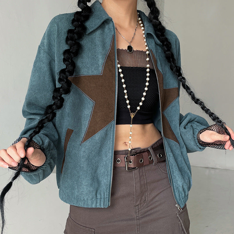 Star Embroidered Aesthetic Corduroy Jacket - fairypeony