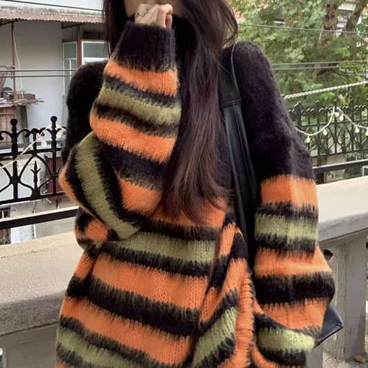 Vintage Color Block Striped Fuzzy Knit Sweater - fairypeony