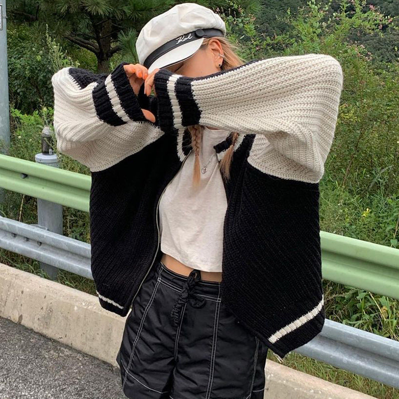 Vintage Contrast Zip Up Cardigan - fairypeony