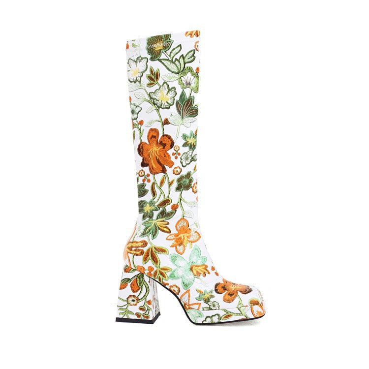 Colorful Floral Square Toe Boots, , women clothing, colorful-floral-square-toe-boots, green, white, fairypeony