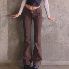 Low-waist Side Pockets Retro Trousers, , women clothing, low-waist-side-pockets-retro-trousers, , fairypeony