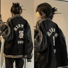 Oversized Star Logo Pu Leather Varsity Jacket - fairypeony