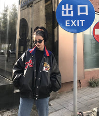 Bomber Embroidered Tiger Varsity Jacket, , women clothing, bomber-embroidered-tiger-varsity-jacket, black, fairypeony