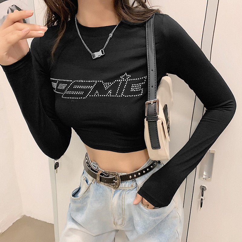 Rhinestone Letter Long Sleeve Crop Top - fairypeony