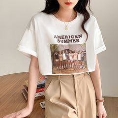American Summer T-shirt, , women clothing, vintage-print-crew-neck-oversized-loose-half-sleeve-tshirt, L, M, S, white, XL, fairypeony