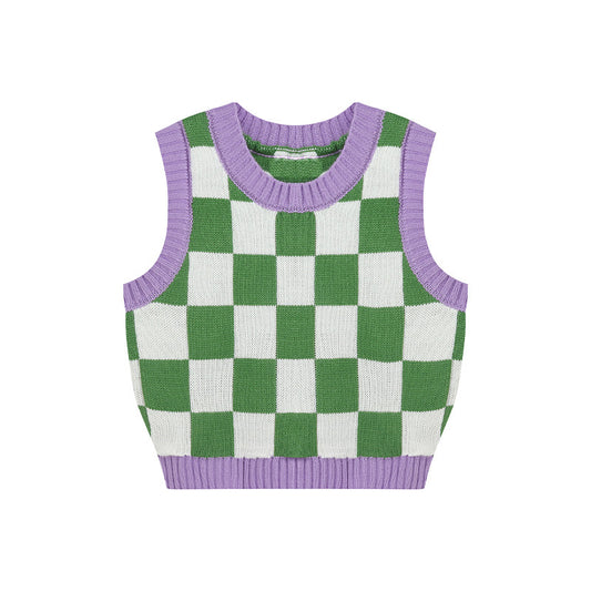 Green & Lavender Checkerboard Vest, , women clothing, green-lavender-checkerboard-vest, Checkerboard, greeen, Lavender, top, vest, fairypeony