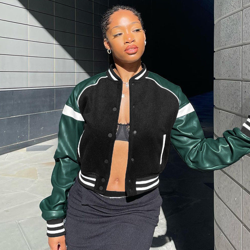 Pu Leather Paneled Cropped Varsity Jacket, fairy peony, women clothing, pu-leather-paneled-cropped-varsity-jacket, , fairypeony