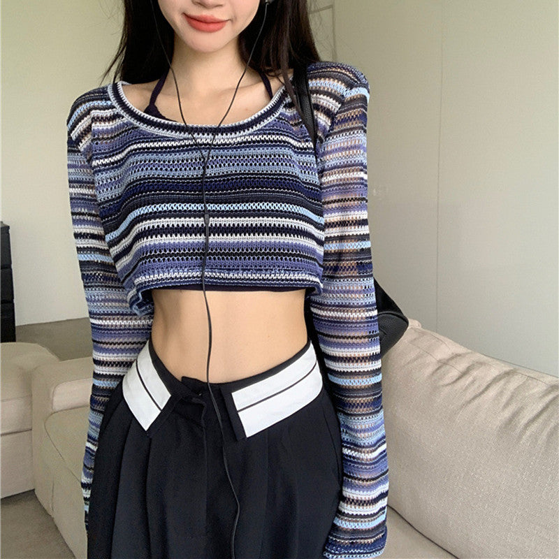 Contrast Striped Crochet Knit Crop Top - fairypeony