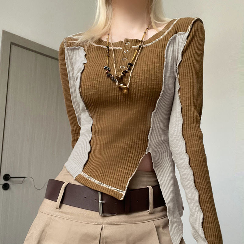 Patchwork Rib Long Sleeve Crop Top - fairypeony