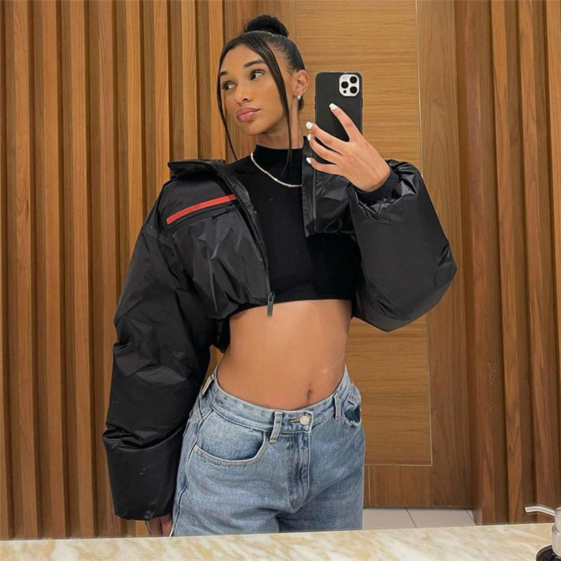 Black Hooded Cropped Puffer Jacket, fairy peony, women clothing, black-hooded-cropped-puffer-jacket, , fairypeony