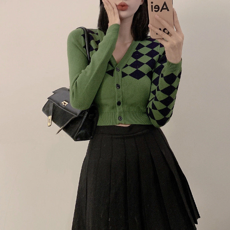Vintage Crop Argyle Cardigan, , women clothing, vintage-crop-argyle-cardigan, green, fairypeony