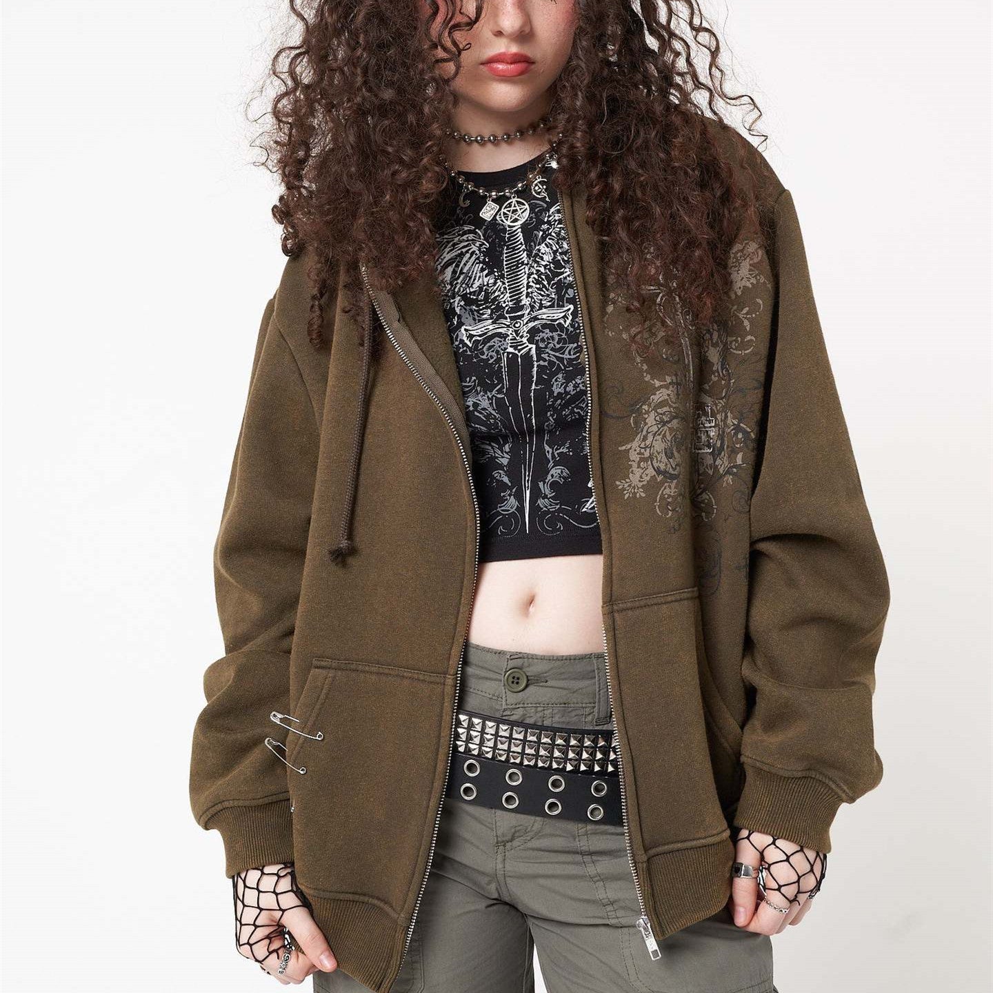 Vintage Totem Print Zip Up Hoodie - fairypeony