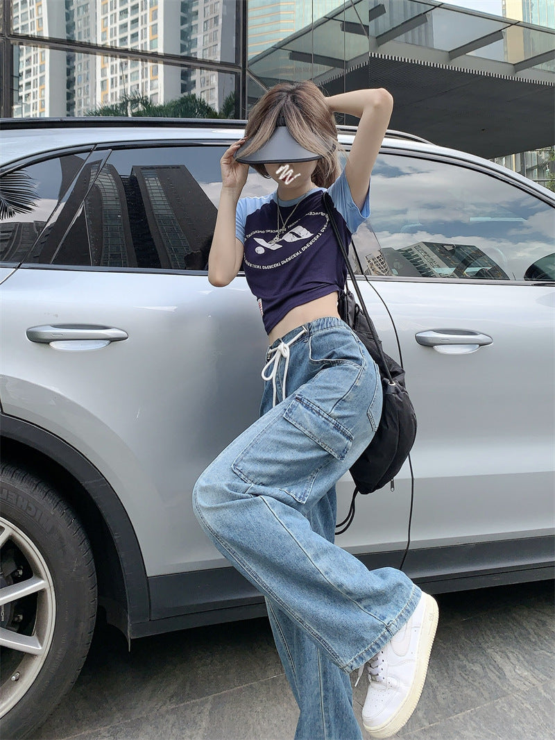 Tie Strap Blue Wash Straight Cargo Jeans - fairypeony