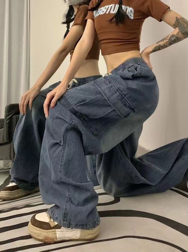 Tie Strap Baggy Cargo Jeans - fairypeony